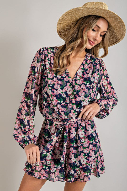 Long Sleeve V-Neck Waist Tie Romper