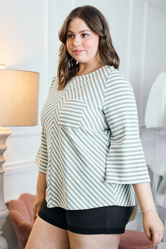 Boat Neck Striped Top (Plus Size)