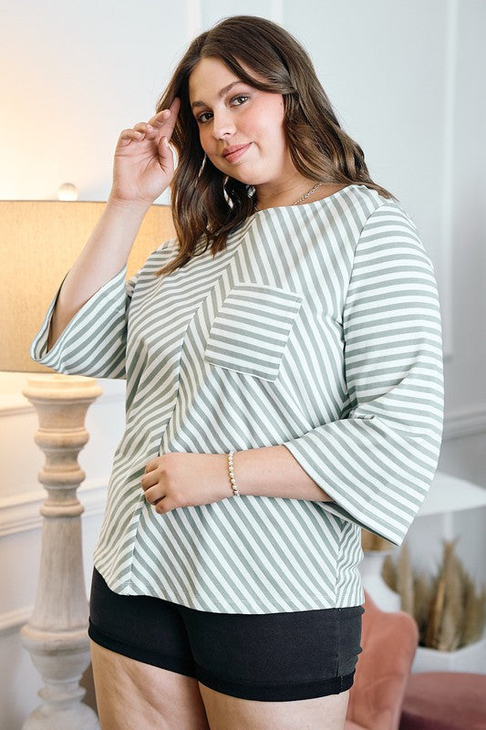 Boat Neck Striped Top (Plus Size)