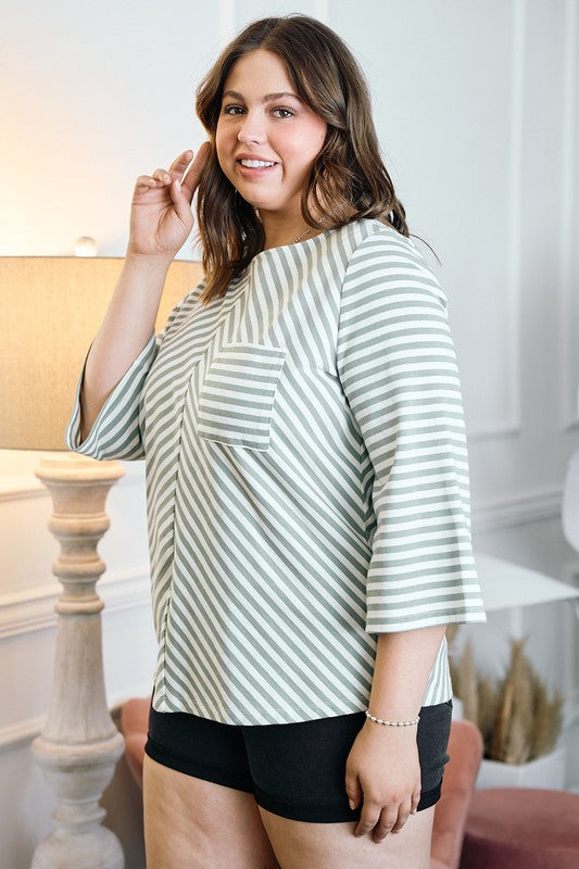 Boat Neck Striped Top (Plus Size)