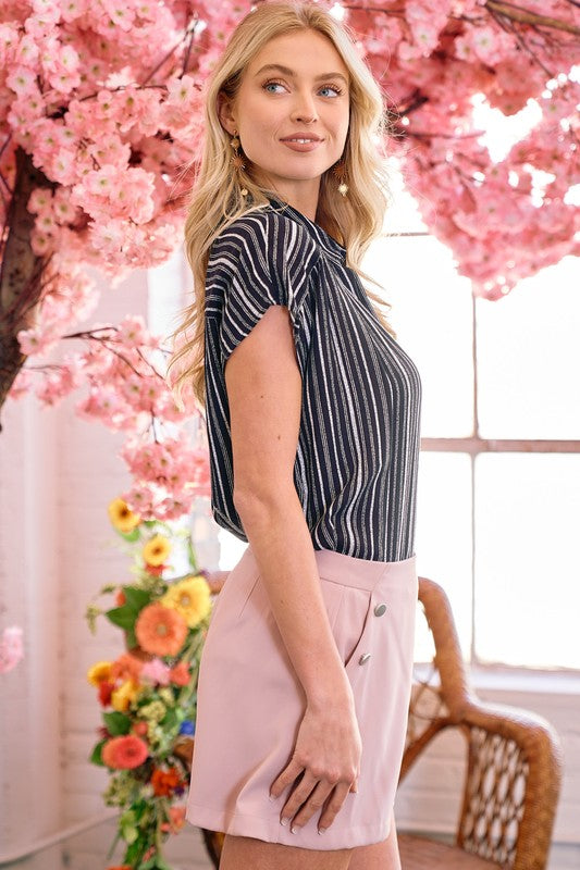 Drop Shoulder Striped Collared Top