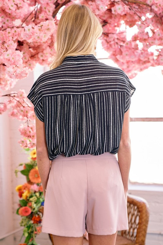 Drop Shoulder Striped Collared Top