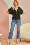 Button Front Cable Knit Short Sleeve Sweater