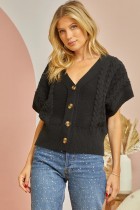 Button Front Cable Knit Short Sleeve Sweater