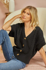 Button Front Cable Knit Short Sleeve Sweater