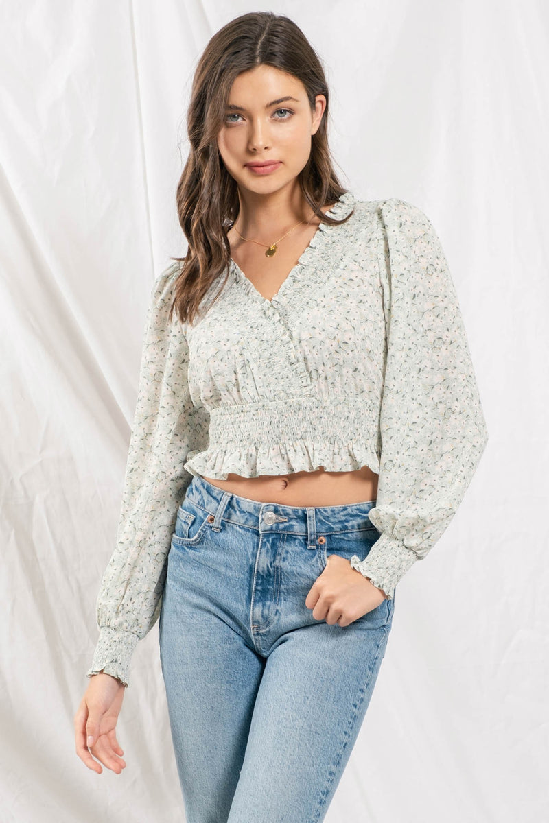 Long Sleeve Smocked Bottom Floral Top