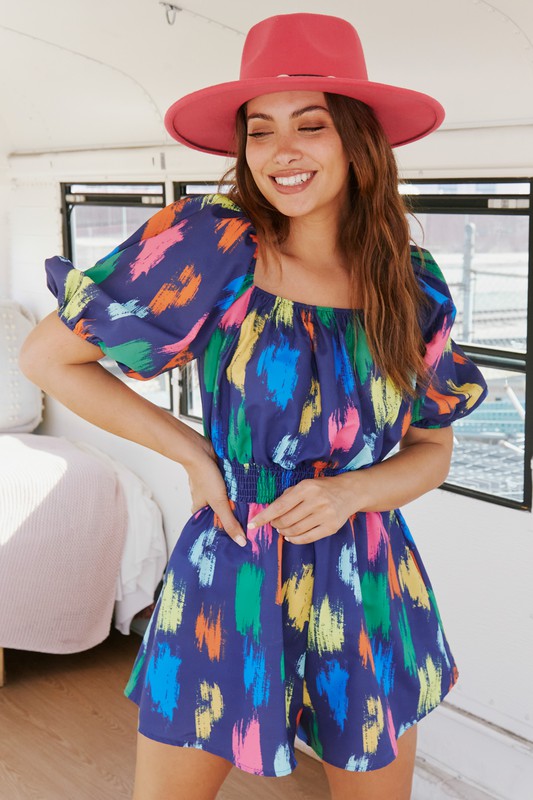 Brushed Print Puff Sleeve Romper