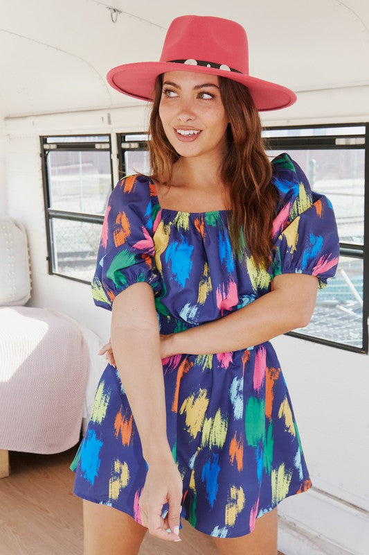 Brushed Print Puff Sleeve Romper