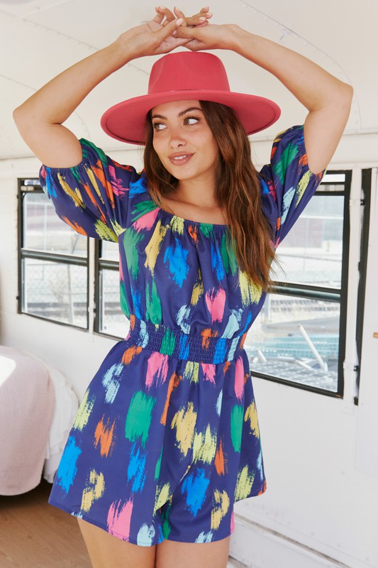Brushed Print Puff Sleeve Romper
