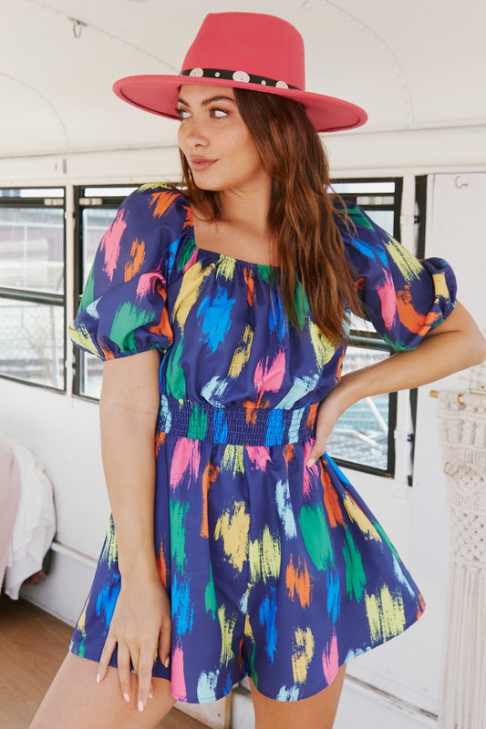 Brushed Print Puff Sleeve Romper