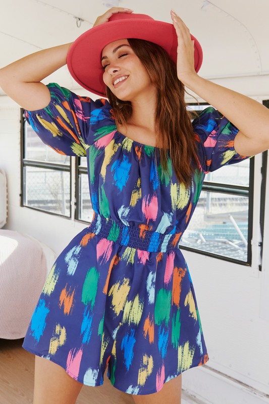 Brushed Print Puff Sleeve Romper