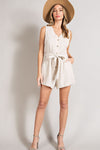 Sleeveless V-Neck Button Front Romper (Natural)