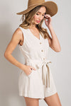 Sleeveless V-Neck Button Front Romper (Natural)