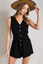 Sleeveless V-Neck Button Front Romper (Black)