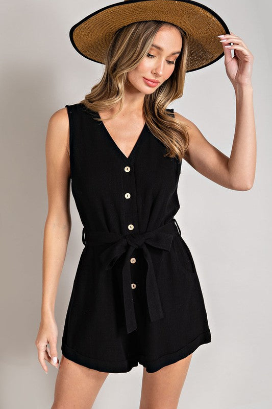 Sleeveless V-Neck Button Front Romper (Black)