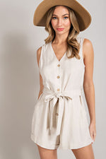 Sleeveless V-Neck Button Front Romper (Natural)