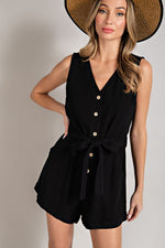 Sleeveless V-Neck Button Front Romper (Black)