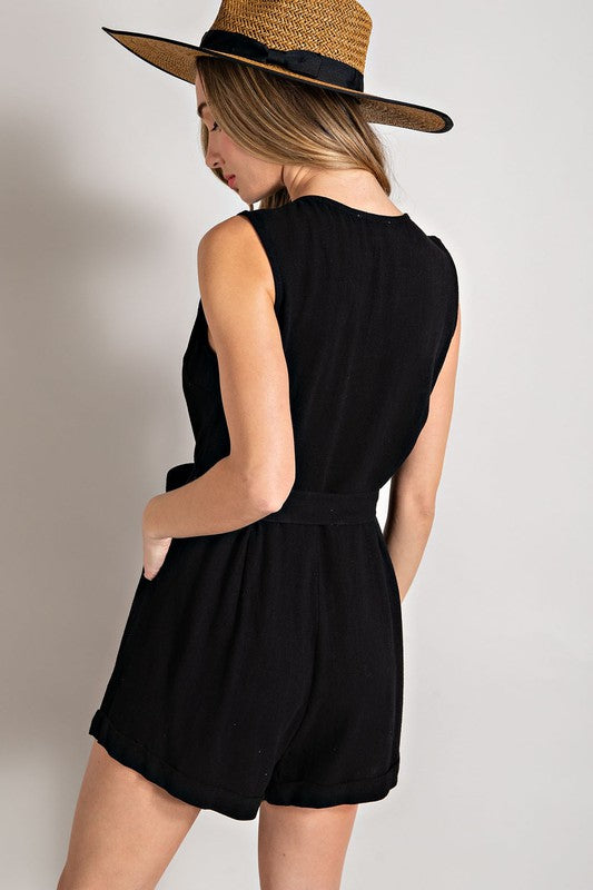 Sleeveless V-Neck Button Front Romper (Black)