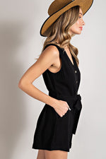 Sleeveless V-Neck Button Front Romper (Black)