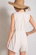 Sleeveless V-Neck Button Front Romper (Natural)