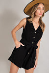 Sleeveless V-Neck Button Front Romper (Black)
