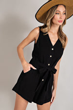 Sleeveless V-Neck Button Front Romper (Black)