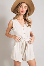Sleeveless V-Neck Button Front Romper (Natural)