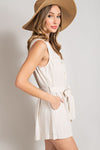 Sleeveless V-Neck Button Front Romper (Natural)
