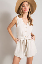 Sleeveless V-Neck Button Front Romper (Natural)