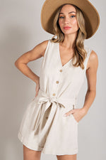 Sleeveless V-Neck Button Front Romper (Natural)