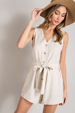 Sleeveless V-Neck Button Front Romper (Natural)