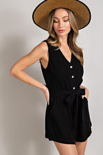 Sleeveless V-Neck Button Front Romper (Black)