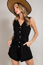 Sleeveless V-Neck Button Front Romper (Black)
