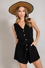 Sleeveless V-Neck Button Front Romper (Black)