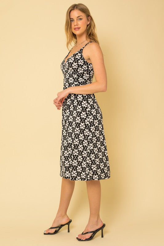 Geo Pattern Sleeveless Faux Wrap Midi Dress