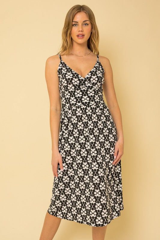 Geo Pattern Sleeveless Faux Wrap Midi Dress