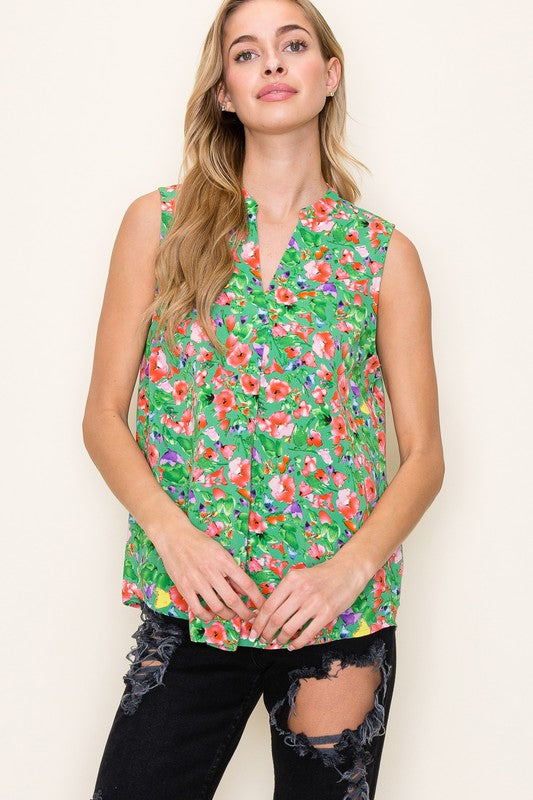 Sleeveless Floral Print Back Pleat Top