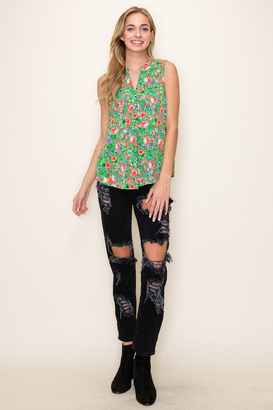 Sleeveless Floral Print Back Pleat Top