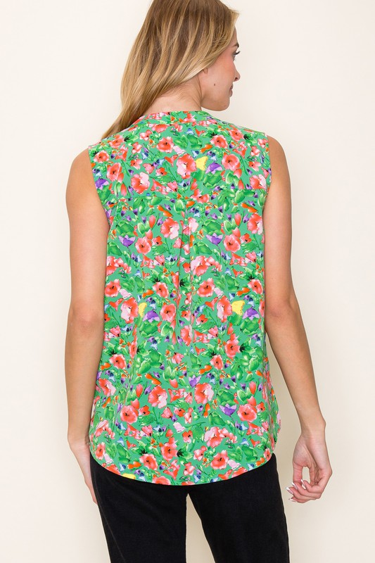 Sleeveless Floral Print Back Pleat Top