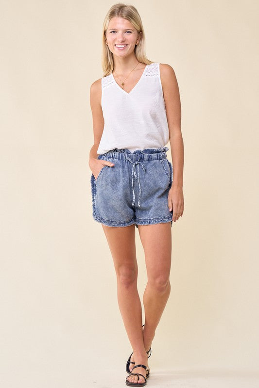Raw Hem Paperbag Denim Shorts