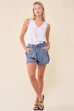 Raw Hem Paperbag Denim Shorts