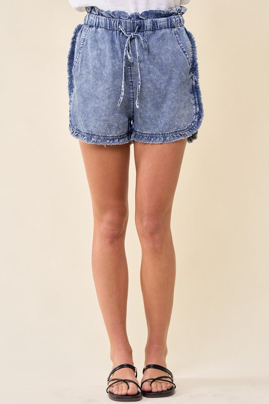 Raw Hem Paperbag Denim Shorts