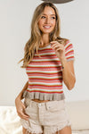 Ruffle Hem Short Sleeve Striped Crochet Top