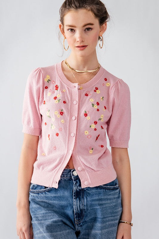 Floral Embroidered French Terry Cardigan