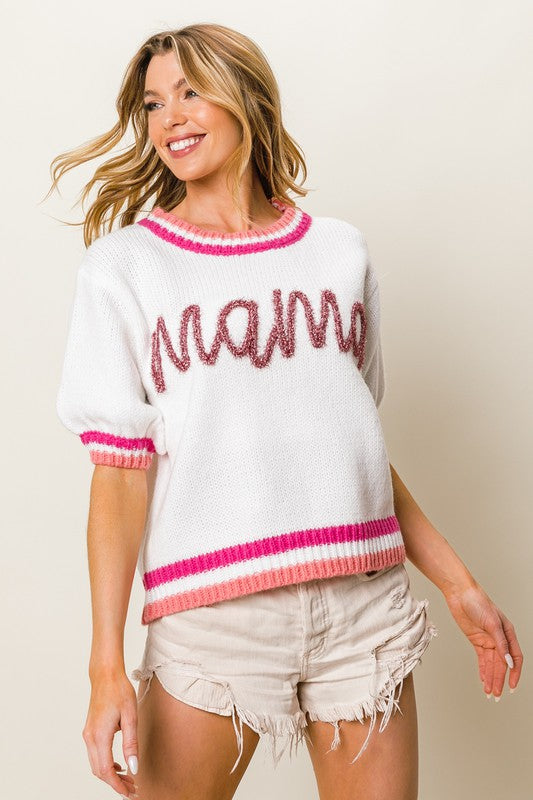 Puff Sleeve "Mama" Metallic Letter Sweater