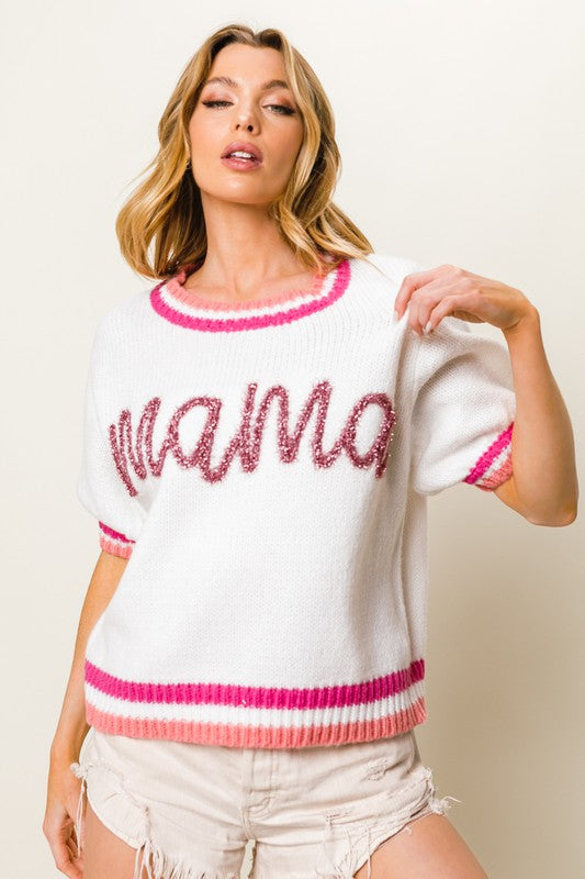 Puff Sleeve "Mama" Metallic Letter Sweater
