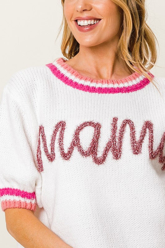 Puff Sleeve "Mama" Metallic Letter Sweater