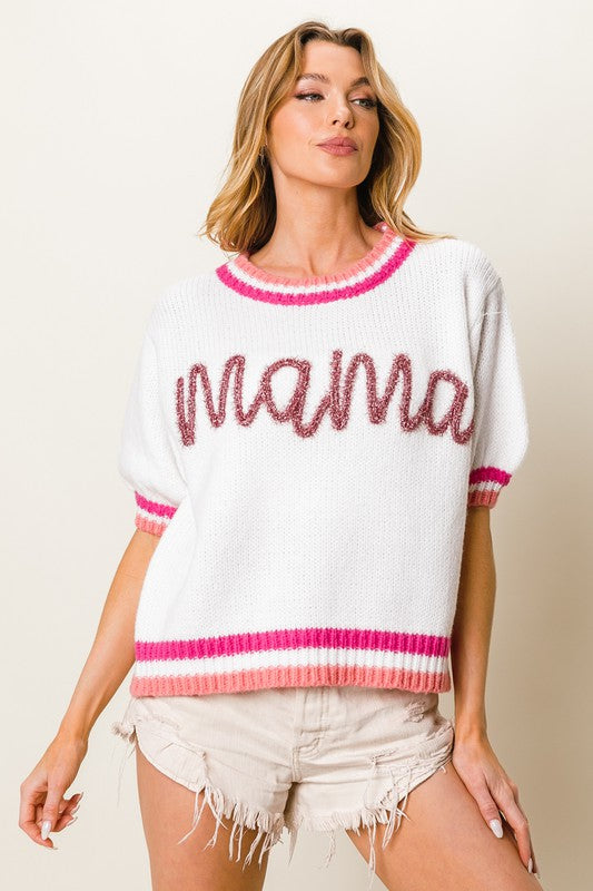 Puff Sleeve "Mama" Metallic Letter Sweater