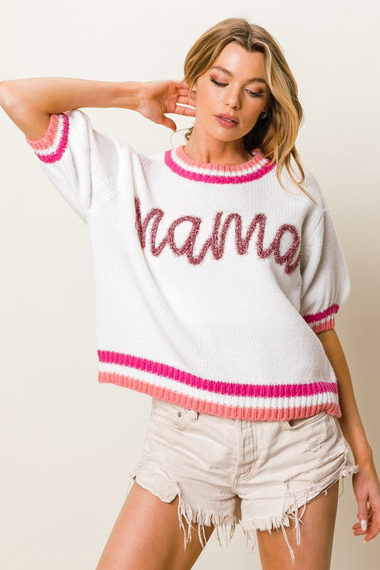 Puff Sleeve "Mama" Metallic Letter Sweater