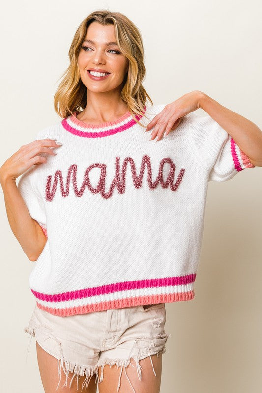 Puff Sleeve "Mama" Metallic Letter Sweater